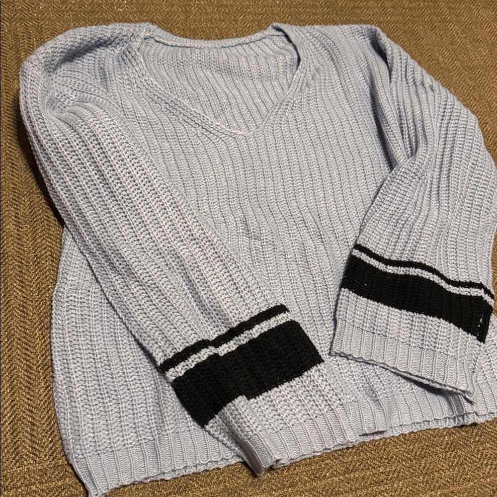 Light blue V-Neck Sweater with navy Stripes